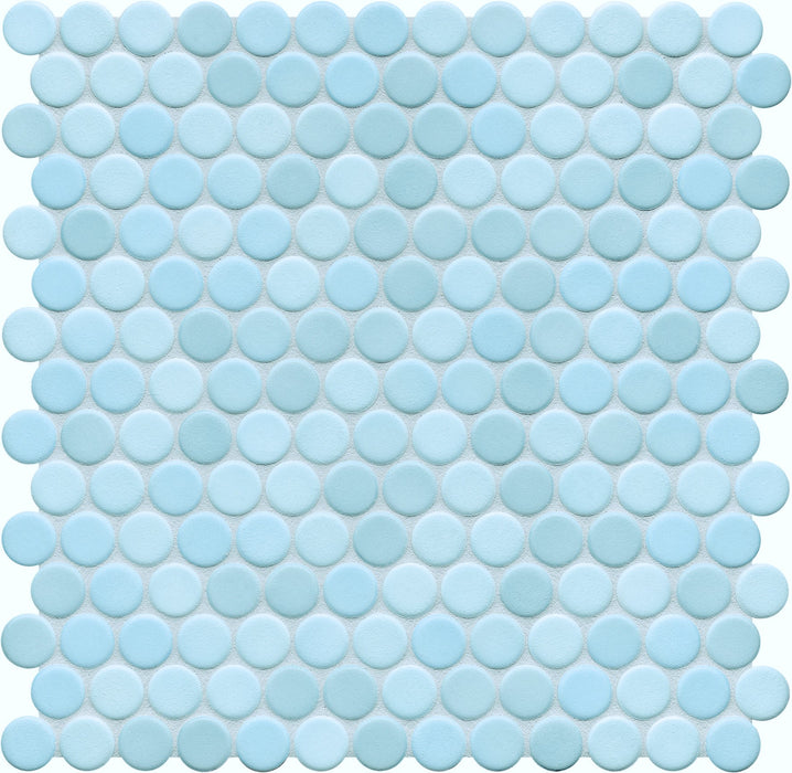 Modwalls PopDotz Porcelain Penny Round Tile | 1” Gloss | Taffy Blend | Blue | Colorful Modern & Midcentury tile for bathrooms, kitchens, backsplashes, showers, floors, pools & outdoors.