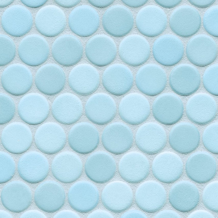 Sample of Modwalls PopDotz Porcelain Penny Round Tile | 1” Matte | Taffy Blend | Blue | Colorful Modern & Midcentury tile for bathrooms, kitchens, backsplashes, showers, floors, pools & outdoors.