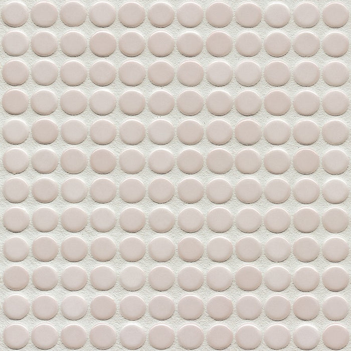 Sample of Modwalls PopDotz Porcelain Penny Round Tile | 1/2” Gloss | Tapioca Blend | Tapioca | Colorful Modern & Midcentury tile for bathrooms, kitchens, backsplashes, showers, floors, pools & outdoors.