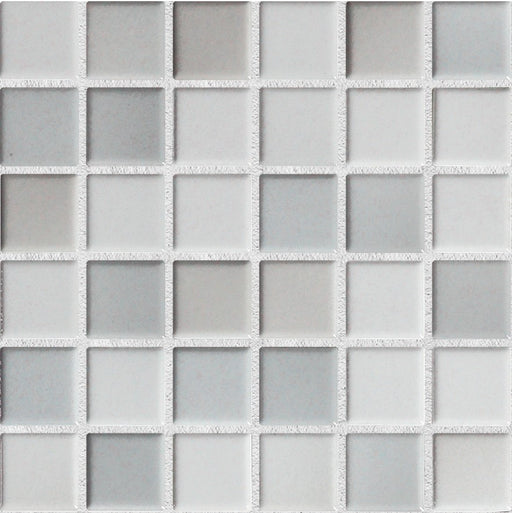 Sample of Modwalls Mediterranean Mosaic Porcelain Tile | Trieste Blend Gloss | Gray | Colorful Modern & Midcentury tile for bathrooms, kitchens, backsplashes, showers, floors, pools & outdoors.