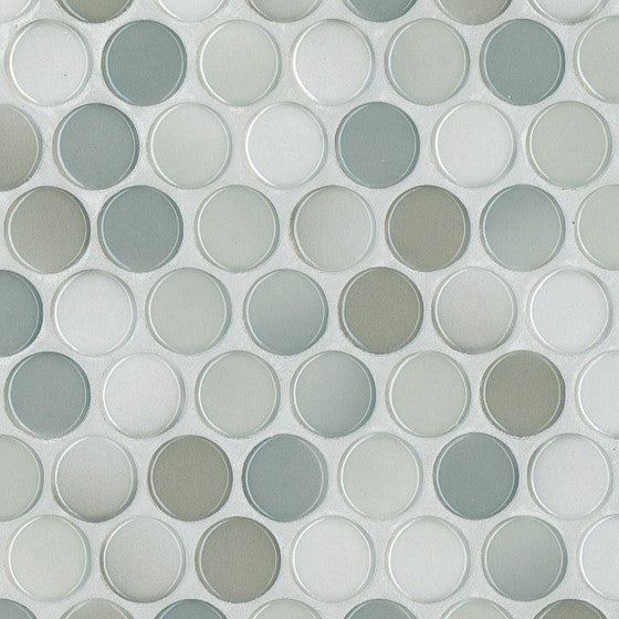Sample of Modwalls PopDotz Porcelain Penny Round Tile | 1” Gloss | Truffle Blend | Multicolor | Colorful Modern & Midcentury tile for bathrooms, kitchens, backsplashes, showers, floors, pools & outdoors.