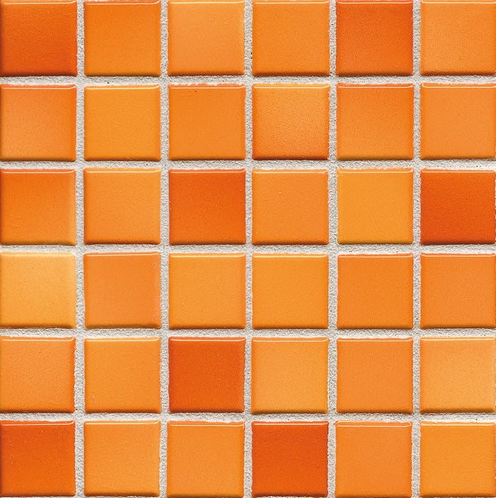 Sample of Modwalls Mediterranean Mosaic Porcelain Tile | Valencia Blend Gloss | Orange | Colorful Modern & Midcentury tile for bathrooms, kitchens, backsplashes, showers, floors, pools & outdoors.