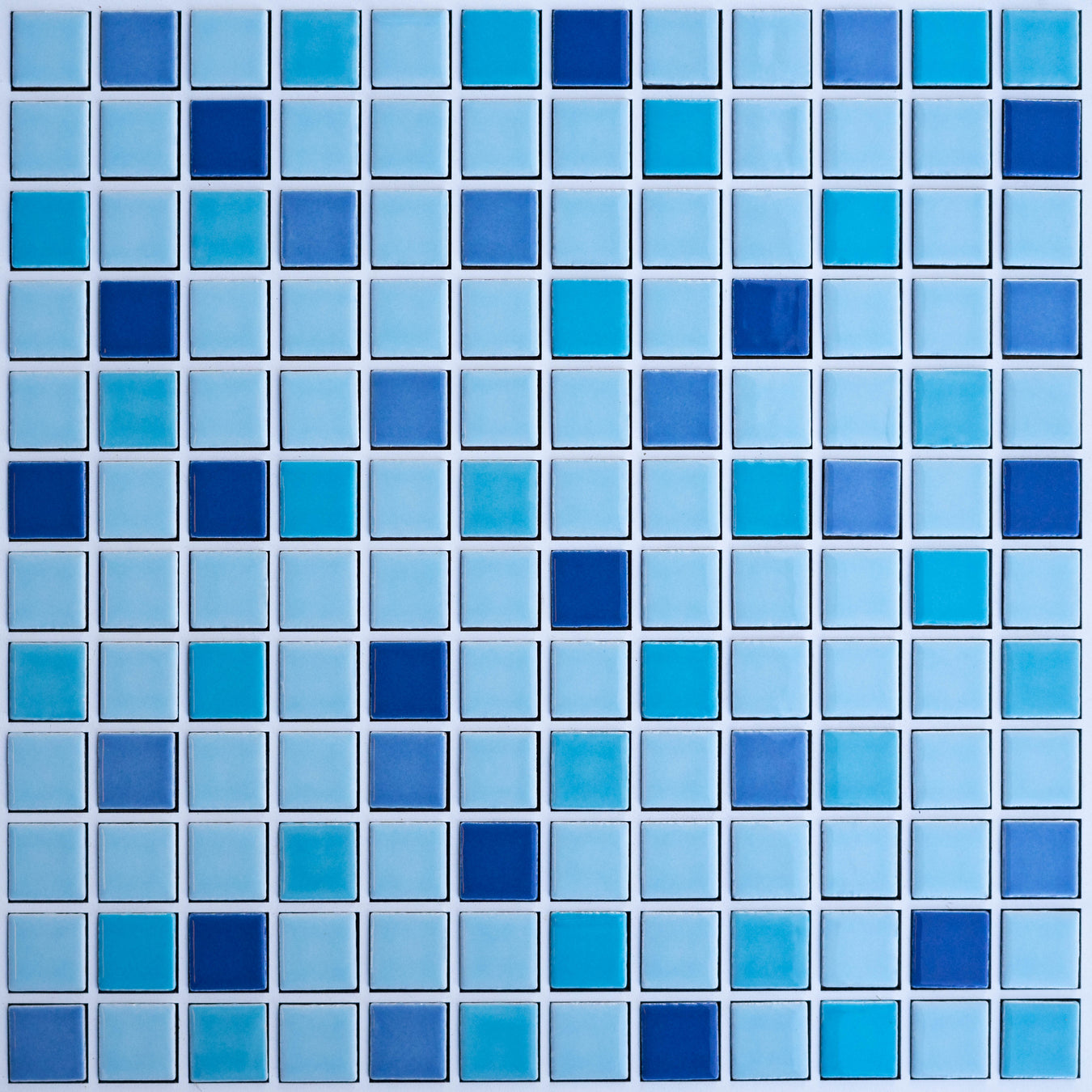 Modwalls Vita Mosaic Porcelain Tile | Blue Dream Blend | Multicolor Gloss with blue and dark blue | Colorful Modern & Midcentury tile for bathrooms, kitchens, backsplashes, showers, floors, pools & outdoors.