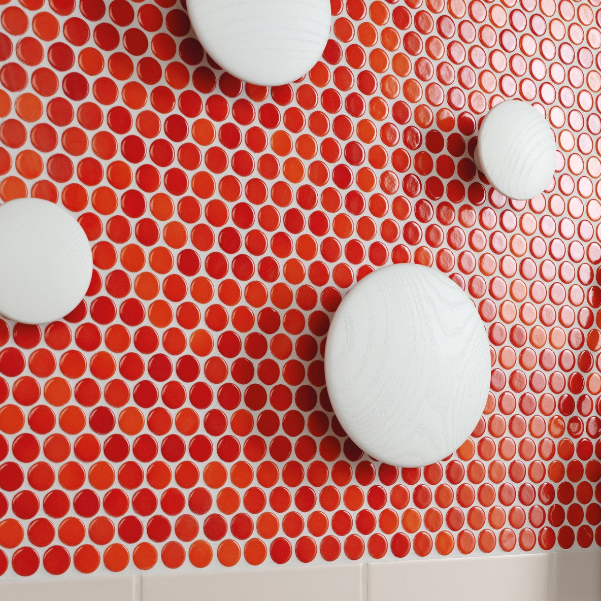 Modwalls PopDotz Porcelain Penny Round Tile | Cinnamon Red | Colorful modern and midcentury tile for bathrooms, kitchens, backsplashes, showers, floors, pools & outdoors.