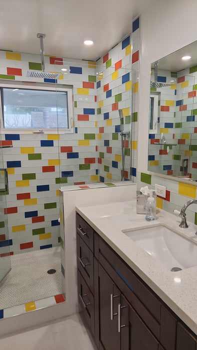 Modwalls Lush Glass Subway Tile | 3x6 in Cloud | White | Pictured installed in a shower | Colorful Modern glass tile for bathrooms, showers, kitchen, backsplashes, pools & outdoors.