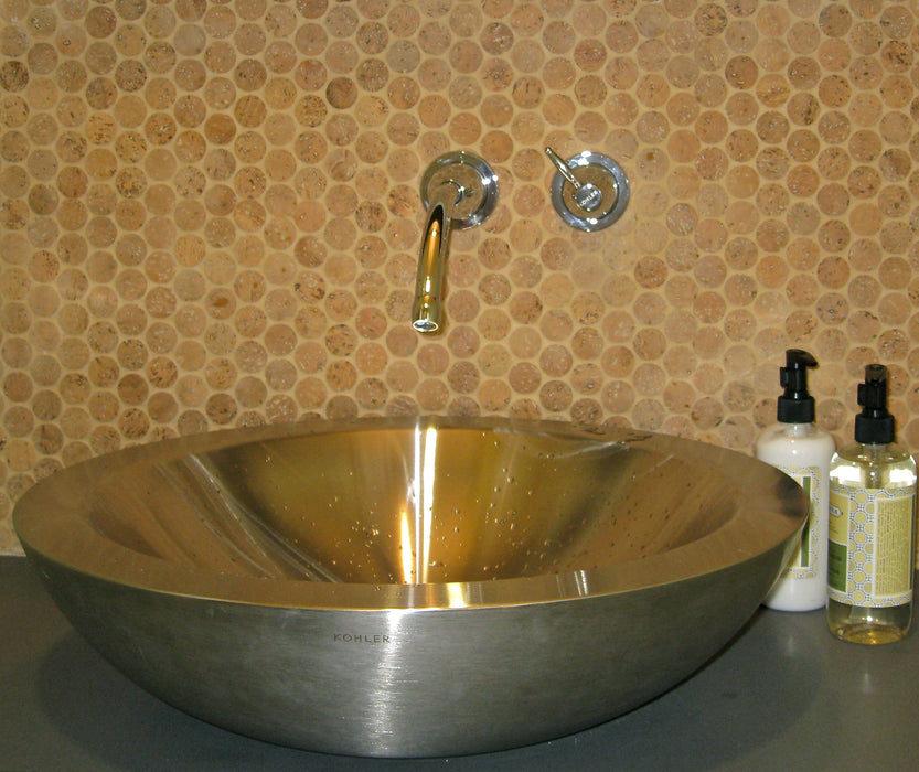 Modwalls CorkDotz Small Cork Penny Round Tile | Round Tile | Brown | Pictured  installed on a bathroom backsplash | Modern and eco-friendly tile for kitchens, backsplashes, bathrooms & floors.