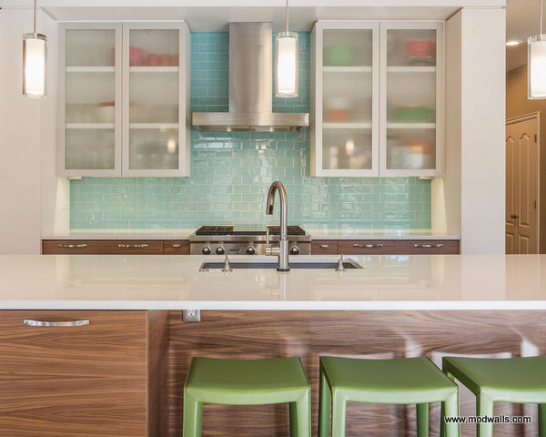 Modwalls Lush Glass Subway Tile | 3x6 in Breaker | Blue | Pictured installed on a kitchen backsplash | Colorful Modern glass tile for bathrooms, showers, kitchen, backsplashes, pools & outdoors.