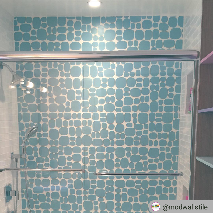 Modwalls Rex Ray Studio Rox Ceramic Tile | Comet | Blue | Installed in a shower |Colorful Modern & Midcentury tile for interior walls, bathrooms, kitchens, backsplashes, showers.