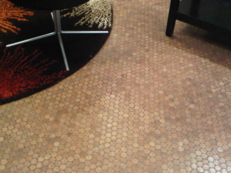 Modwalls CorkDotz Small Cork Penny Round Tile | Round Tile | Brown | Pictured installed on a floor | Modern and eco-friendly tile for kitchens, backsplashes, bathrooms & floors.