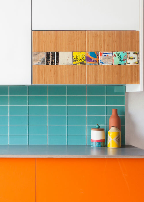 Modwalls Lush Glass Subway Tile | 3x6 in Pool | Blue | Pictured installed on a feature wall | Colorful Modern glass tile for bathrooms, showers, kitchen, backsplashes, pools & outdoors.