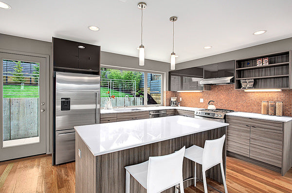 Modwalls CorkDotz Small Cork Penny Round Tile | Round Tile | Brown | Pictured installed on a kitchen backsplash | Modern and eco-friendly tile for kitchens, backsplashes, bathrooms & floors.