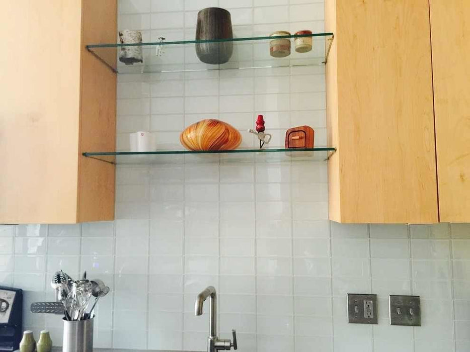 Modwalls Lush Glass Subway Tile | 3x6 in Cloud | White | Pictured installed on a kitchen backsplash | Colorful Modern glass tile for bathrooms, showers, kitchen, backsplashes, pools & outdoors.