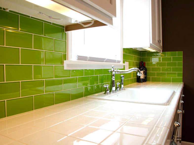 Modwalls Lush Glass Subway Tile | 3x6 in Lemongrass | Green | Pictured installed on a kitchen backsplash | Colorful Modern glass tile for bathrooms, showers, kitchen, backsplashes, pools & outdoors.