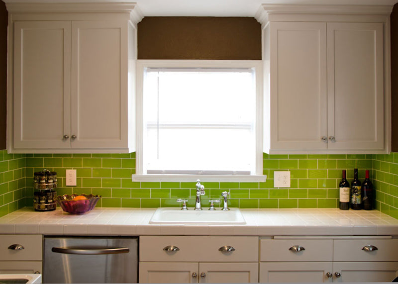 Modwalls Lush Glass Subway Tile | Lemongrass 3x6 | Green | Pictured installed on a kitchen backsplash | Modern tile for backsplashes, kitchens, bathrooms, showers