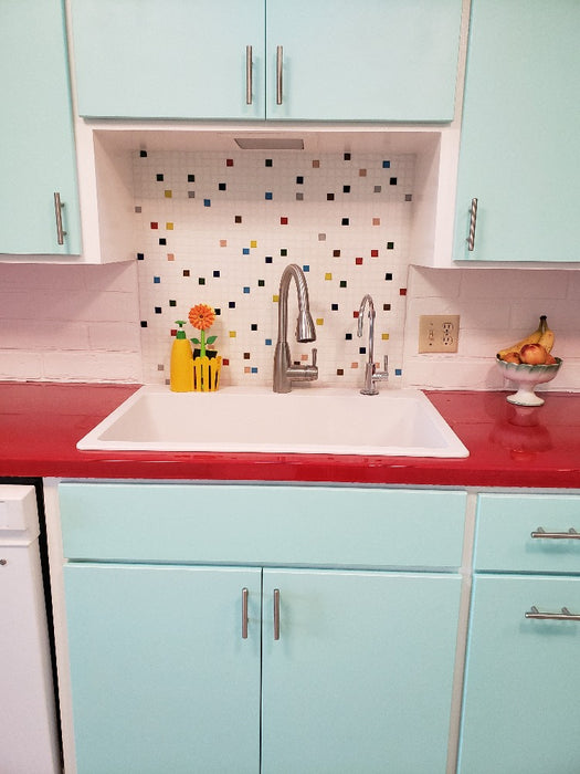 Modwalls Brio Glass Mosaic Tile | Bayview Blend | Pictured on a kitchen backsplash |  Colorful Modern & Midcentury glass tile for kitchens, bathrooms, backsplashes, showers, pools & outdoors.