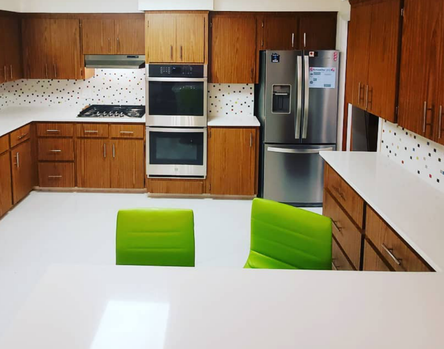 Modwalls Brio Glass Mosaic Tile | Bayview Blend | Pictured on a kitchen backsplash | Colorful Modern & Midcentury glass tile for kitchens, bathrooms, backsplashes, showers, pools & outdoors.