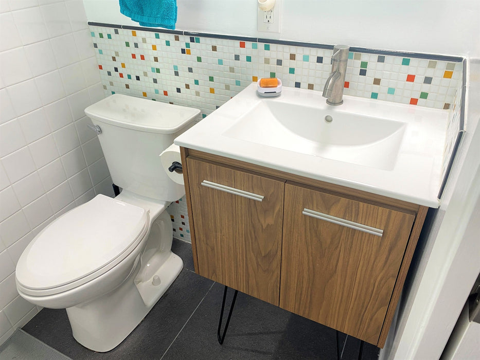 Modwalls Brio Glass Mosaic Tile | Atomic Blend | Pictured in a bathroom installation | Colorful Modern & Midcentury glass tile for kitchens, bathrooms, backsplashes, showers, pools & outdoors.