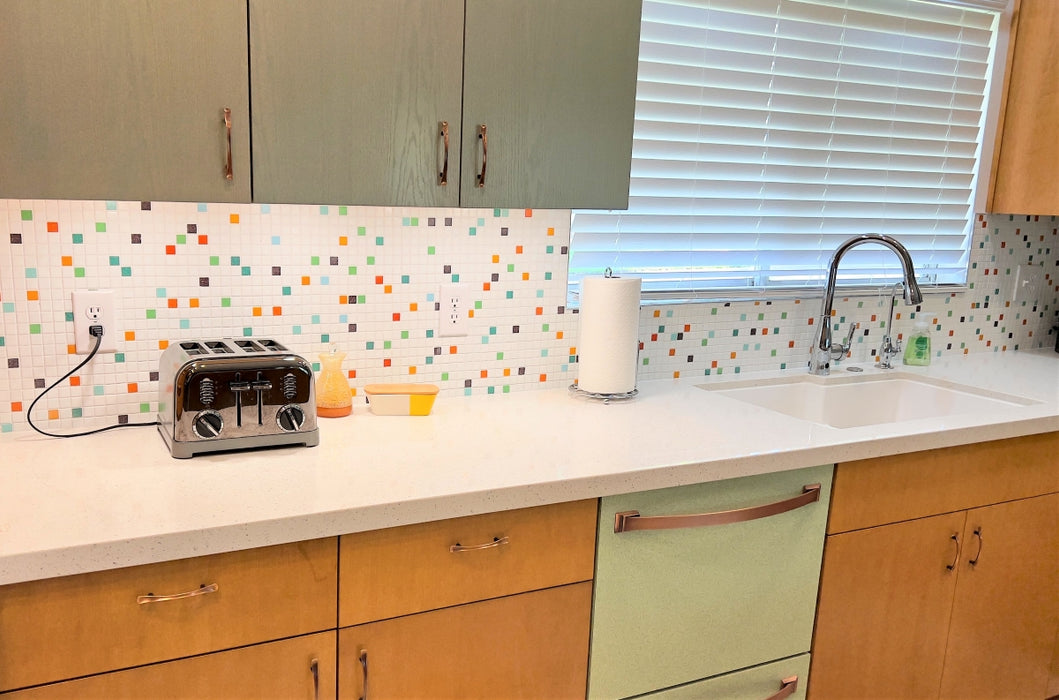 Modwalls Brio Glass Mosaic Tile | Palm Springs Blend | Pictured on a kitchen backsplash | Colorful Modern & Midcentury glass tile for kitchens, bathrooms, backsplashes, showers, pools & outdoors.