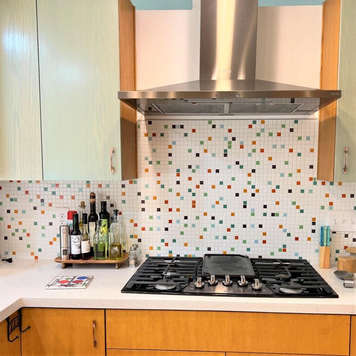 Modwalls Brio Glass Mosaic Tile | Palm Springs Blend | Pictured on a kitchen backsplash | Colorful Modern & Midcentury glass tile for kitchens, bathrooms, backsplashes, showers, pools & outdoors.