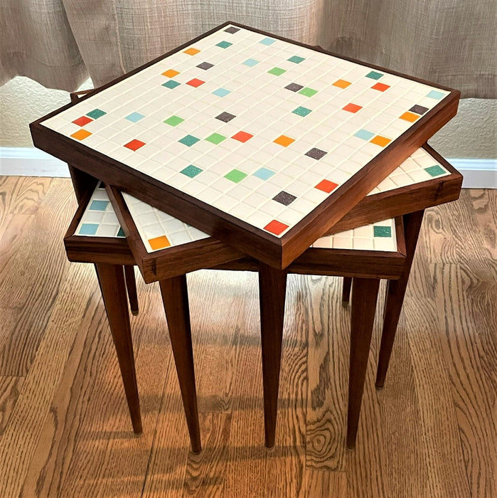 Modwalls Brio Glass Mosaic Tile | Palm Springs Blend | Pictured on end tables |  Colorful Modern & Midcentury glass tile for kitchens, bathrooms, backsplashes, showers, pools & outdoors.