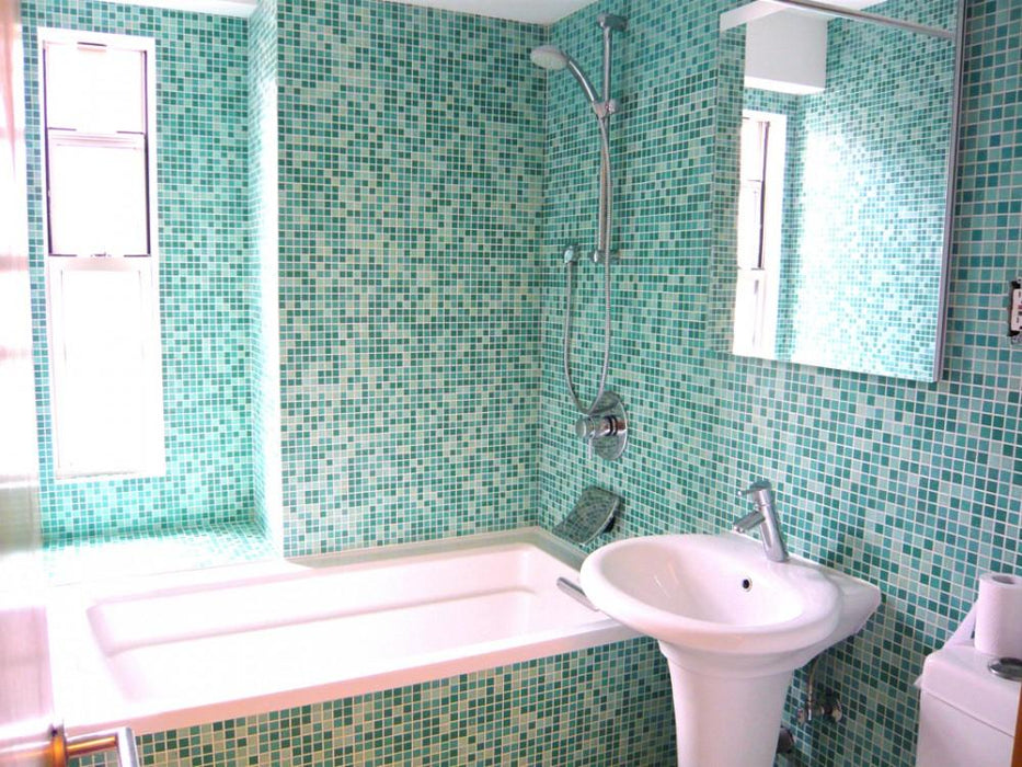 Modwalls Brio Custom Glass Mosaic Tile | Custom Blend | Pictured in a bathroom installation | Colorful Modern & Midcentury glass tile for kitchens, bathrooms, backsplashes, showers, pools & outdoors.