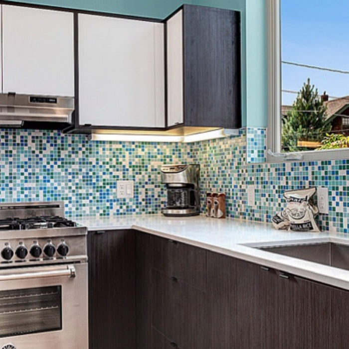 Modwalls Brio Glass Mosaic Tile | Fresh Blend | Pictured on a kitchen backsplash | Colorful Modern & Midcentury glass tile for kitchens, bathrooms, backsplashes, showers, pools & outdoors.
