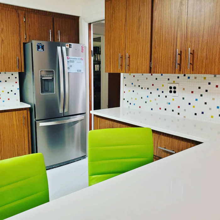 Modwalls Brio Glass Mosaic Tile | Bayview Blend | Pictured on a kitchen backsplash | Colorful Modern & Midcentury glass tile for kitchens, bathrooms, backsplashes, showers, pools & outdoors.