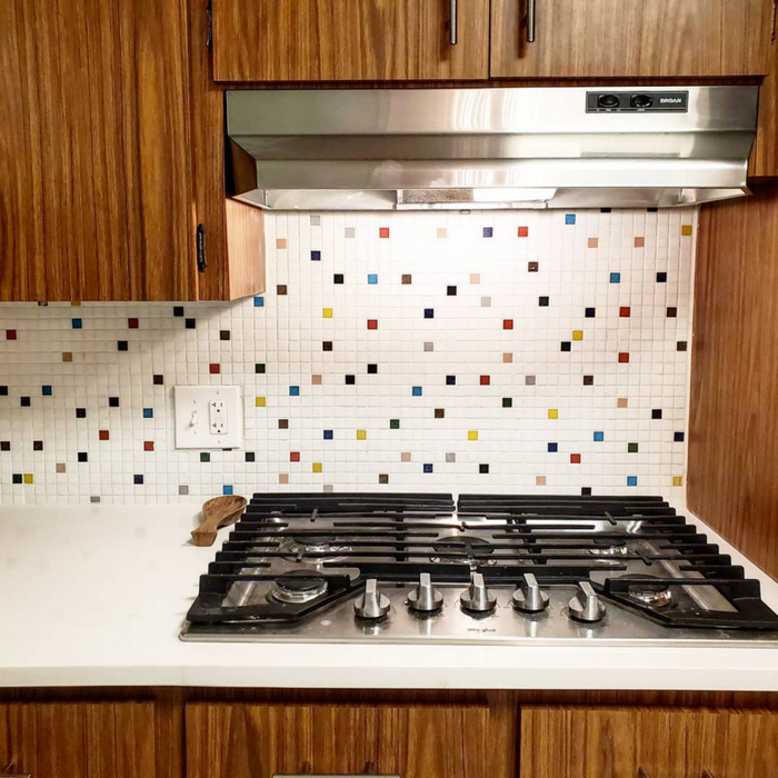 Modwalls Brio Glass Mosaic Tile | Bayview Blend | Pictured on a kitchen backsplash | Colorful Modern & Midcentury glass tile for kitchens, bathrooms, backsplashes, showers, pools & outdoors.
