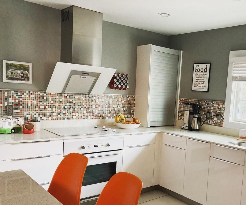 Modwalls Brio Custom Glass Mosaic Tile | Custom Blend | Pictured on a kitchen backsplash | Colorful Modern & Midcentury glass tile for kitchens, bathrooms, backsplashes, showers, pools & outdoors.