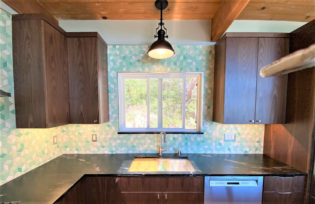 Clayhaus diamond mosaic in a custom blend of mint, opaline, marine and milk white gloss. This mosaic tile adds so much texture to kitchens, backsplashes, bathrooms and feature areas. 
