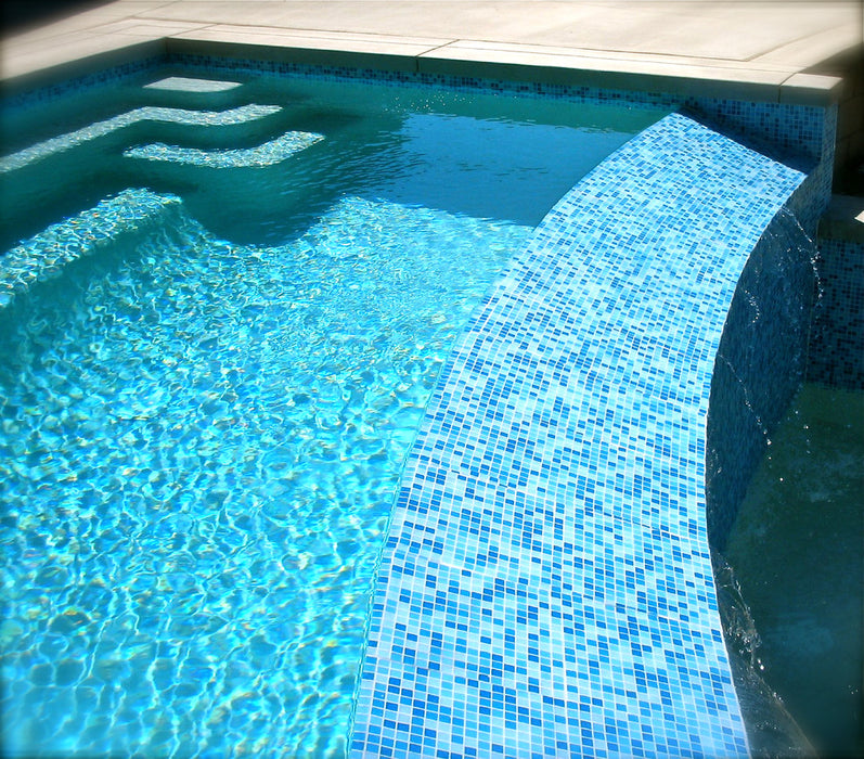 Modwalls Brio Glass Mosaic Tile | Cool Pool Blend | Pictured installed in a pool | Colorful Modern & Midcentury glass tile for kitchens, bathrooms, backsplashes, showers, pools & outdoors.
