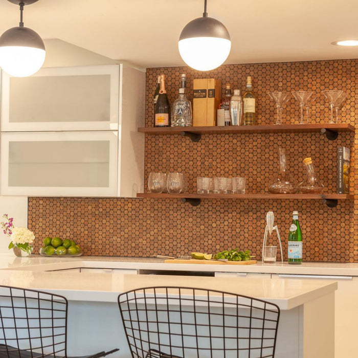 Modwalls CorkDotz Small Cork Penny Round Tile | Round Tile | Brown | Pictured installed on a kitchen wall | Modern and eco-friendly tile for kitchens, backsplashes, bathrooms & floors.