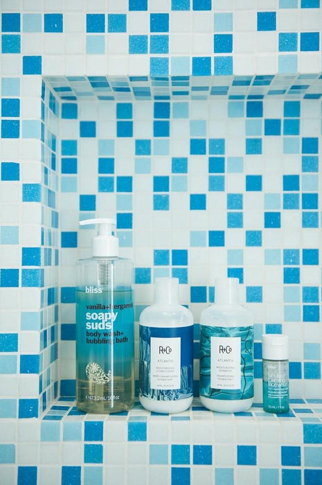 Modwalls Brio Custom Glass Mosaic Tile | Custom Blend | Pictured in a shower | Colorful Modern & Midcentury glass tile for kitchens, bathrooms, backsplashes, showers, pools & outdoors.