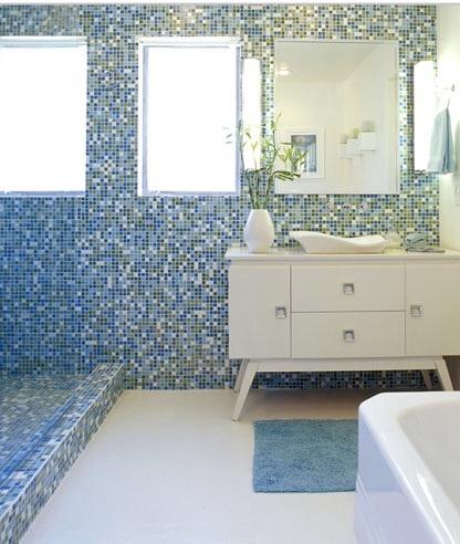 Modwalls Brio Custom Glass Mosaic Tile | Custom Blend | Pictured in a bathroom installation | Colorful Modern & Midcentury glass tile for kitchens, bathrooms, backsplashes, showers, pools & outdoors.
