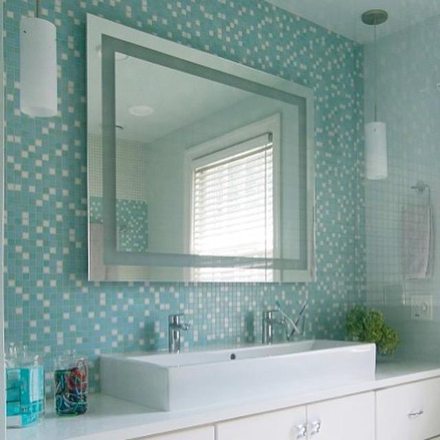 Modwalls Brio Custom Glass Mosaic Tile | Custom Blend | Pictured in a bathroom installation | Colorful Modern & Midcentury glass tile for kitchens, bathrooms, backsplashes, showers, pools & outdoors.