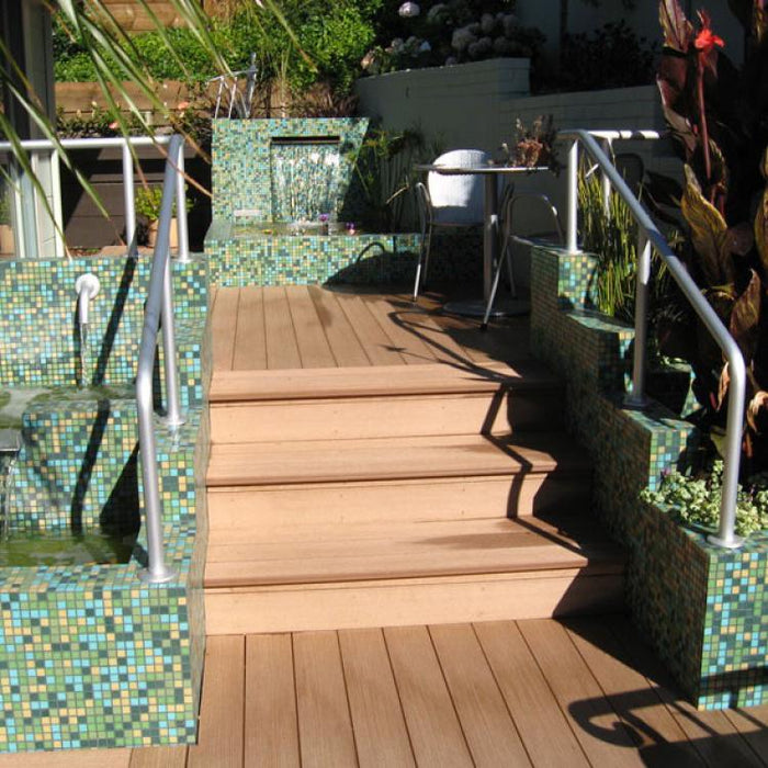 Modwalls Brio Custom Glass Mosaic Tile | Custom Blend | Pictured in an outdoor fountain installation | Colorful Modern & Midcentury glass tile for kitchens, bathrooms, backsplashes, showers, pools & outdoors.