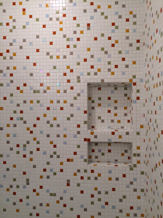 Modwalls Brio Custom Glass Mosaic Tile | Custom Blend | Pictured in a shower | Colorful Modern & Midcentury glass tile for kitchens, bathrooms, backsplashes, showers, pools & outdoors.