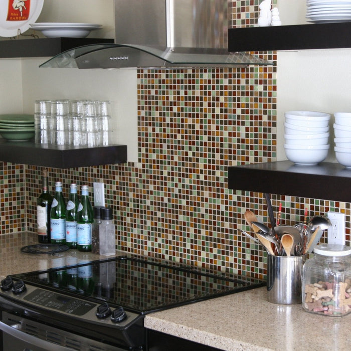 Modwalls Brio Custom Glass Mosaic Tile | Custom Blend | Pictured on a kitchen backsplash | Colorful Modern & Midcentury glass tile for kitchens, bathrooms, backsplashes, showers, pools & outdoors.