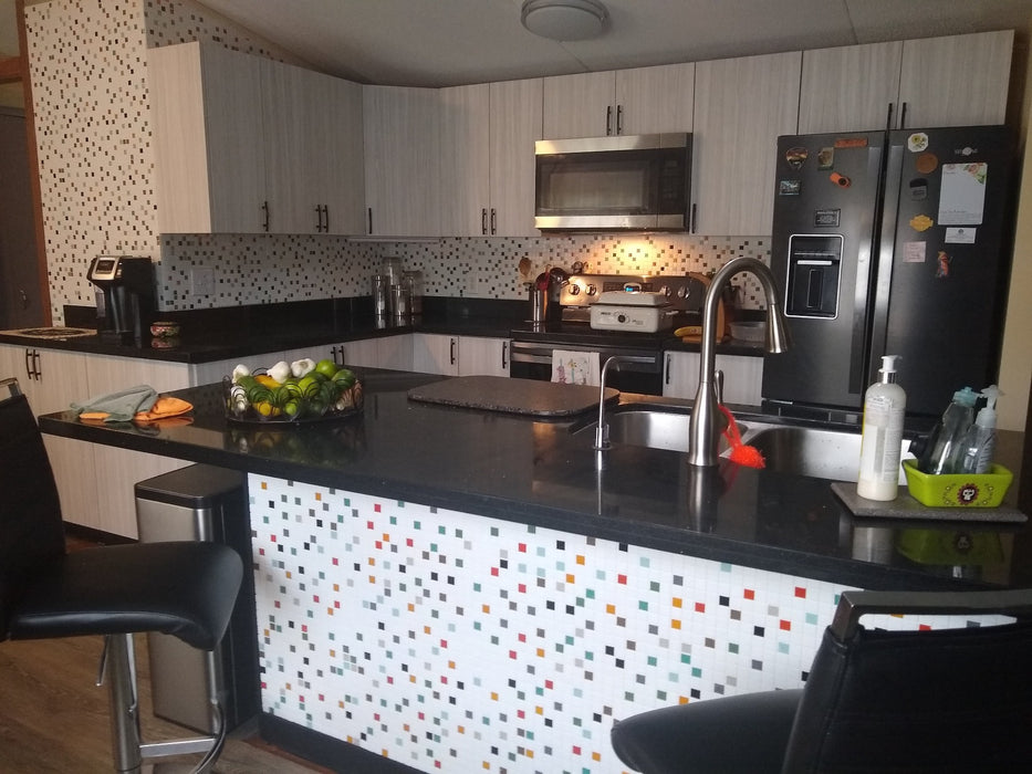 Modwalls Brio Glass Mosaic Tile | Atomic Blend | Pictured on a kitchen backsplash |  Colorful Modern & Midcentury glass tile for kitchens, bathrooms, backsplashes, showers,, pools & outdoors.