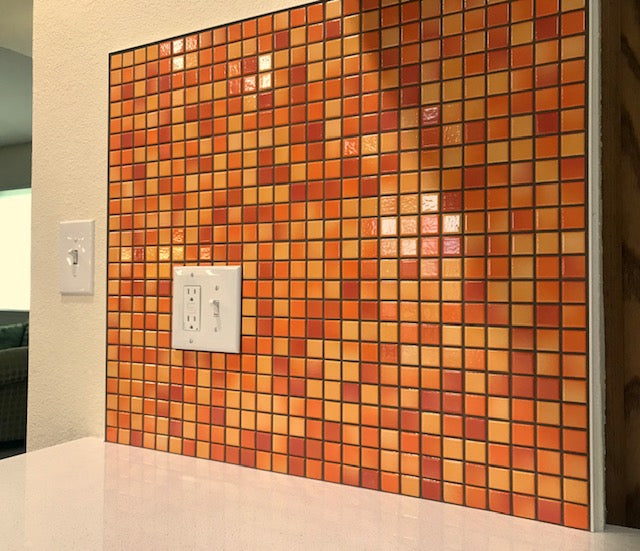 Modwalls Mediterranean Mosaic Porcelain Tile | Valencia Blend Gloss | Orange | Pictured installed on a kitchen backsplash | Colorful Modern & Midcentury tile for bathrooms, kitchens, backsplashes, showers, floors, pools & outdoors.