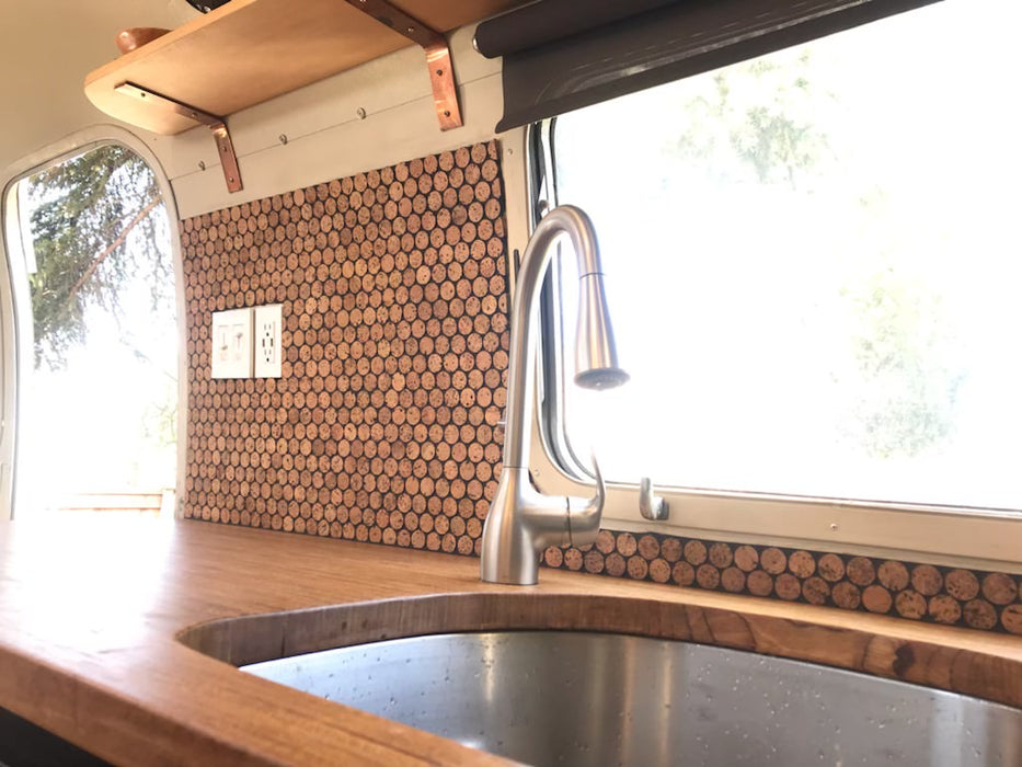 Modwalls CorkDotz Small Cork Penny Round Tile | Modern and eco-friendly tile for kitchens, backsplashes, bathrooms & floors | Pictured installed on a kitchen backsplash.