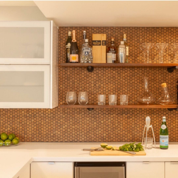Modwalls CorkDotz Cork Penny Round Tile | Round Tile | Brown | Pictured installed on a kitchen wall | Modern and eco-friendly tile for kitchens, backsplashes, bathrooms & floors.