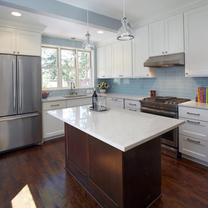 Modwalls Lush Glass Subway Tile | 3x6 in Vapor | Blue | Pictured installed on a kitchen backsplash | Colorful Modern glass tile for bathrooms, showers, kitchen, backsplashes, pools & outdoors.