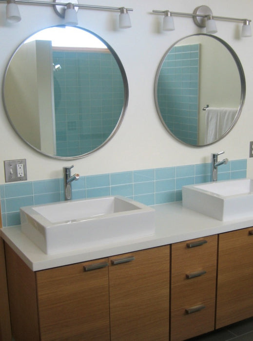 Modwalls Lush Glass Subway Tile | 3x6 in Vapor | Blue | Pictured installed in a bathroom | Colorful Modern glass tile for bathrooms, showers, kitchen, backsplashes, pools & outdoors.