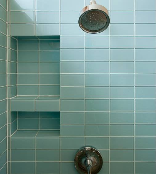Modwalls Lush Glass Subway Tile | 3x6 in Vapor | Blue | Pictured installed in a shower | Colorful Modern glass tile for bathrooms, showers, kitchen, backsplashes, pools & outdoors.