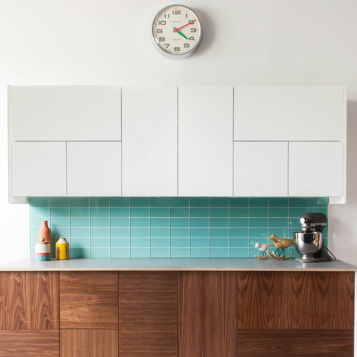 Modwalls Lush Glass Subway Tile | 3x6 in Pool | Blue | Pictured installed on feature wall | Colorful Modern glass tile for bathrooms, showers, kitchen, backsplashes, pools & outdoors.