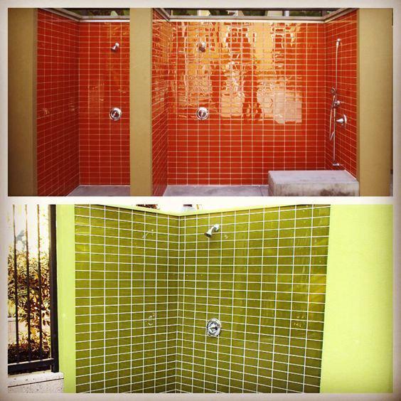 Modwalls Lush Glass Subway Tile | 3x6 in Poppy | Orange | Pictured installed in a shower | Colorful Modern glass tile for bathrooms, showers, kitchen, backsplashes, pools & outdoors.