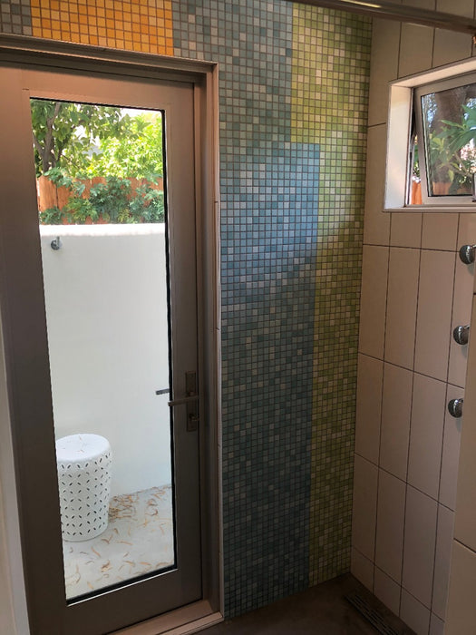 Modwalls Mediterranean Mosaic Porcelain Tile | Barcelona Blend Matte | Blue | Pictured installed in a bathroom | Colorful Modern & Midcentury tile for bathrooms, kitchens, backsplashes, showers, floors, pools & outdoors.
