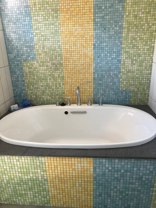 Modwalls Mediterranean Mosaic Porcelain Tile | Barcelona Blend Matte | Blue | Pictured installed in a bathroom | Colorful Modern & Midcentury tile for bathrooms, kitchens, backsplashes, showers, floors, pools & outdoors.