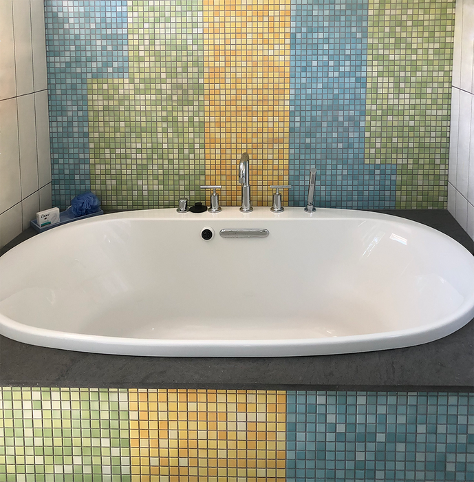 Modwalls Mediterranean Mosaic Porcelain Tile | Barcelona Blend Gloss | Blue | Pictured installed in a bathroom | Colorful Modern & Midcentury tile for bathrooms, kitchens, backsplashes, showers, floors, pools & outdoors.